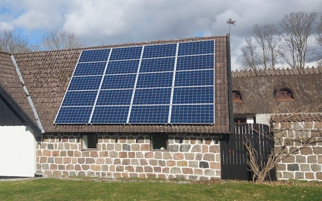 Solar panels mounted on a residential pitched roof